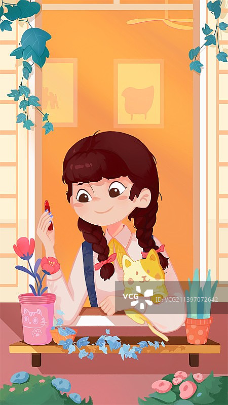 花草窗台抱着猫咪手拿口红的双马尾女孩插画图片素材