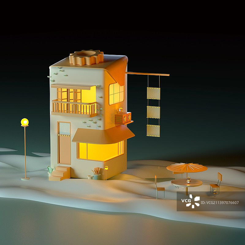 C4D沙漠上的有灯光的小屋子图片素材