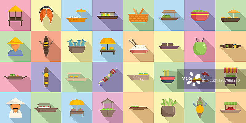 亚洲水上市场图标扁平化设计图片素材