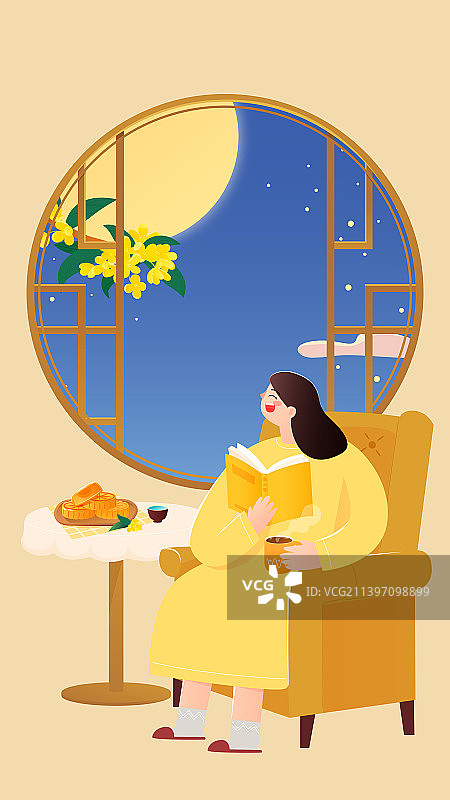女孩坐着窗前赏月读书矢量插画竖图图片素材