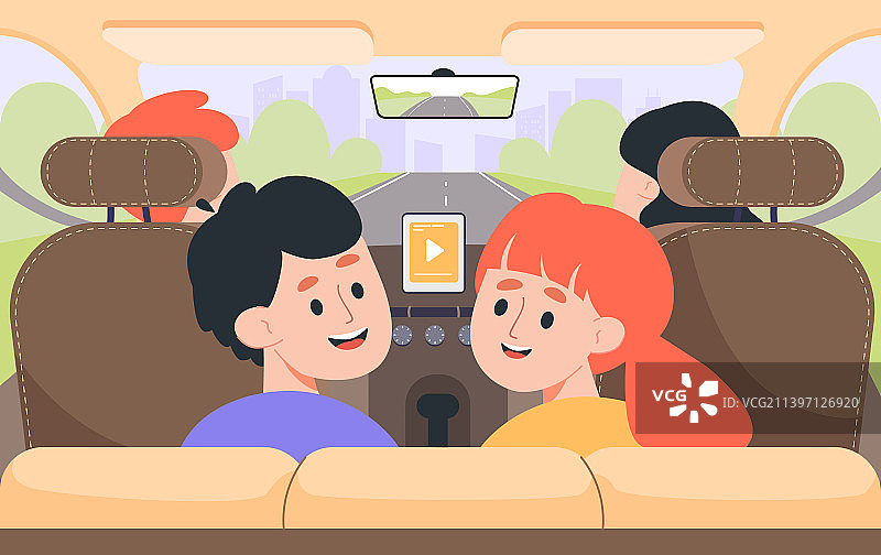 孩子们坐在汽车后座上（扁平风格）图片素材
