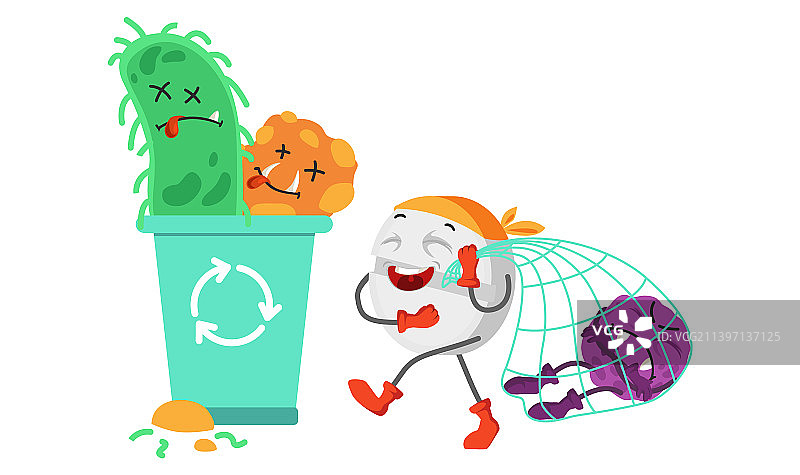 垃圾桶里可爱的超级英雄药丸细菌图片素材