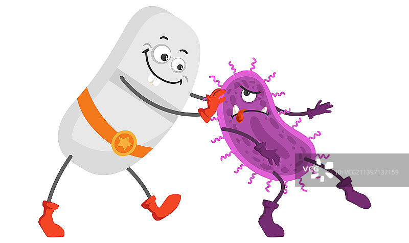 可爱药丸胶囊超级英雄战胜细菌图片素材