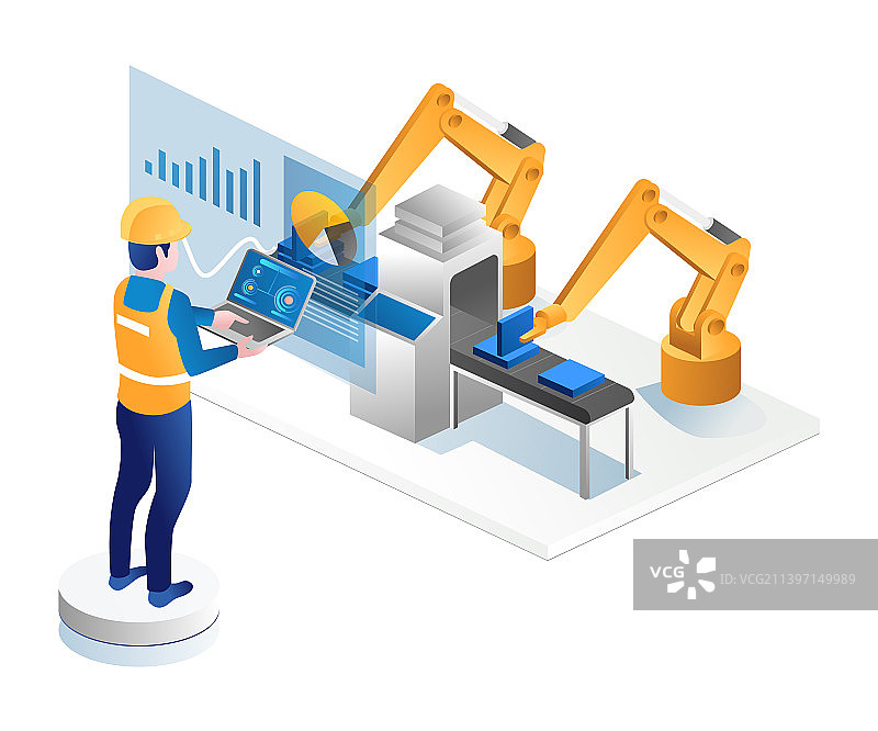 男子用笔记本电脑控制工厂机器人图片素材