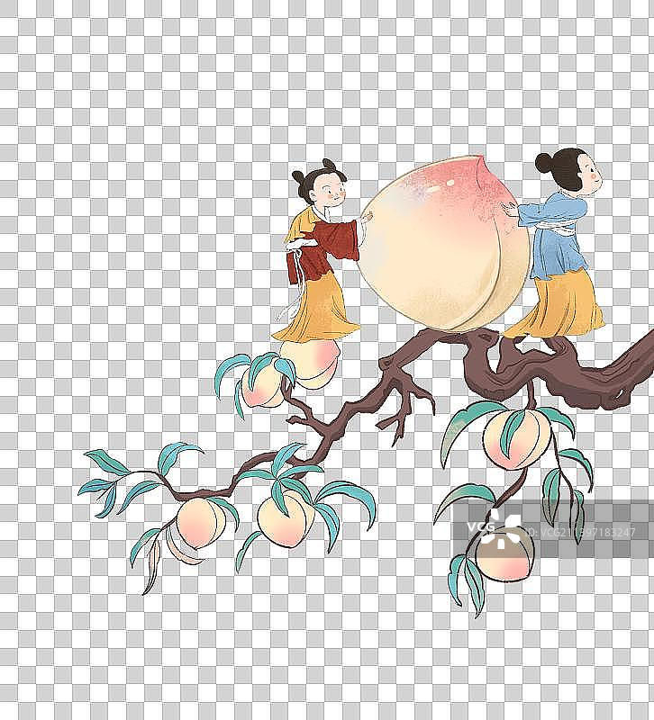 桃子桃树献寿 寿桃儿童古代古风插画图片素材