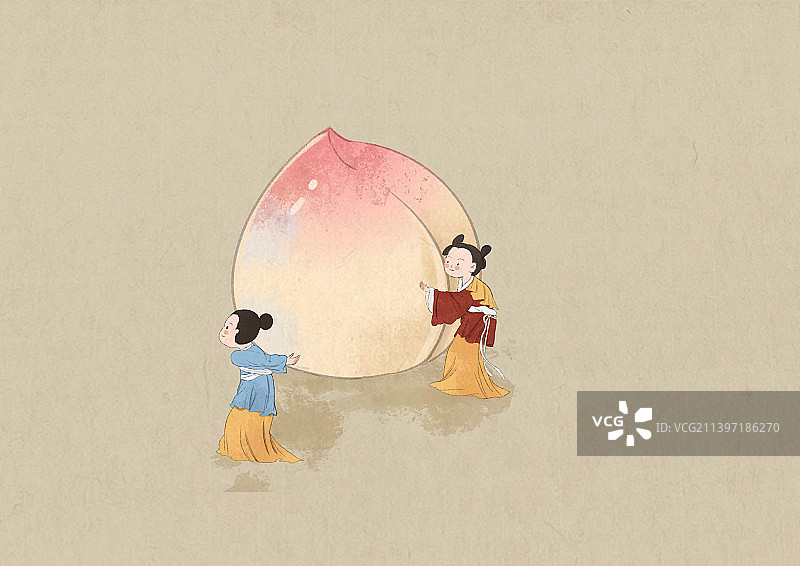 桃子儿童寿桃桃树献寿中国风插画图片素材