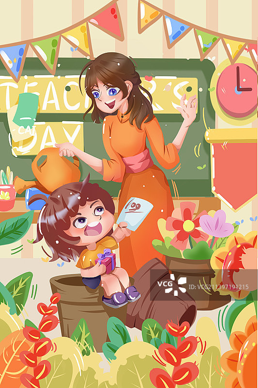 插画节日教师节老师学生扁平风格愉快感恩小清新图片素材