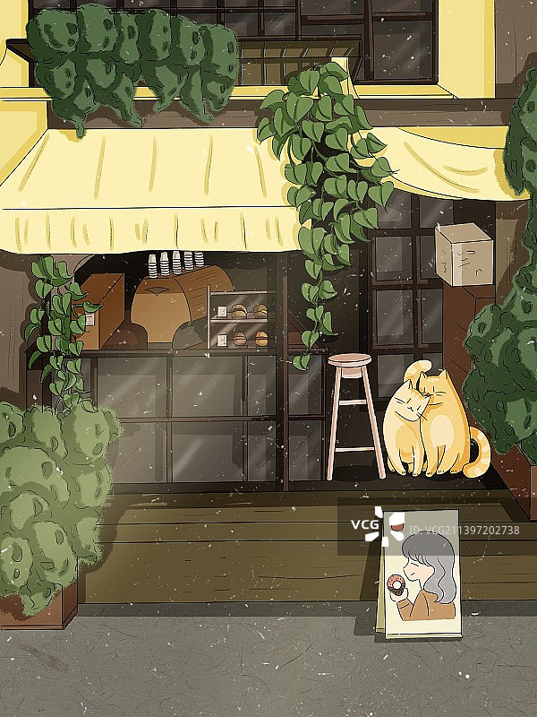 甜品店猫咪夏天扁平风插画图片素材