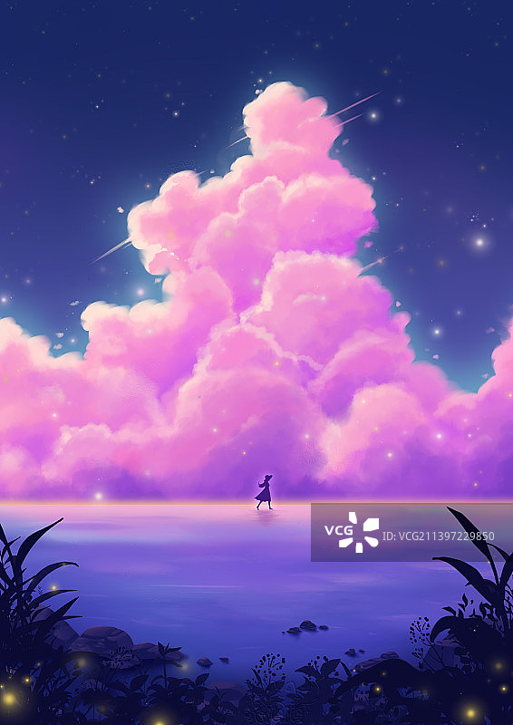 治愈唯美紫色云朵天空海边步行少女图片素材