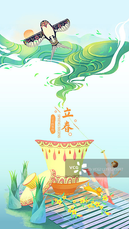 立春踏春饮春茶放风筝图片素材