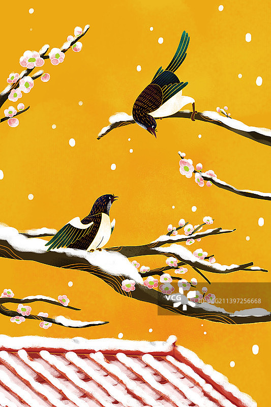 中国风雪中喜鹊图片素材