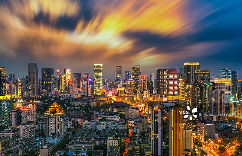 四川成都天府熊猫塔及周边建筑夜景航拍图图片素材