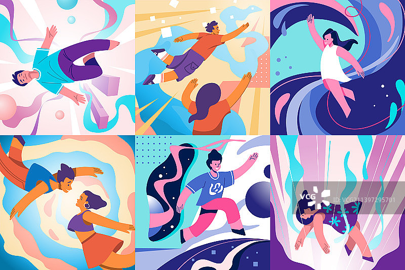 在梦幻新空间中飞行的人图片素材