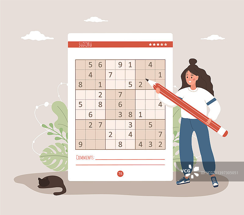 用巨型铅笔解数独游戏的女性图片素材