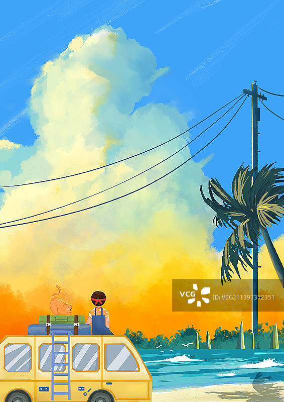 夏天的幻想系列插画-海边的椰子树图片素材