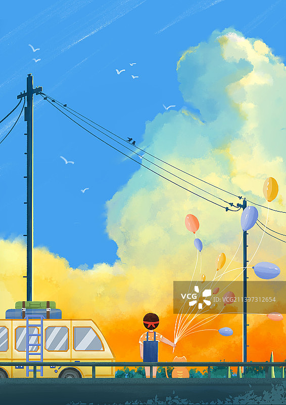 夏天的幻想系列插画-黄昏的街图片素材