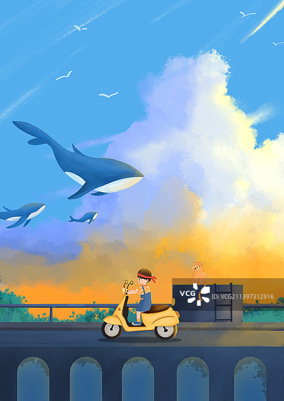 夏天的幻想系列插画-鲸鱼的陪伴图片素材