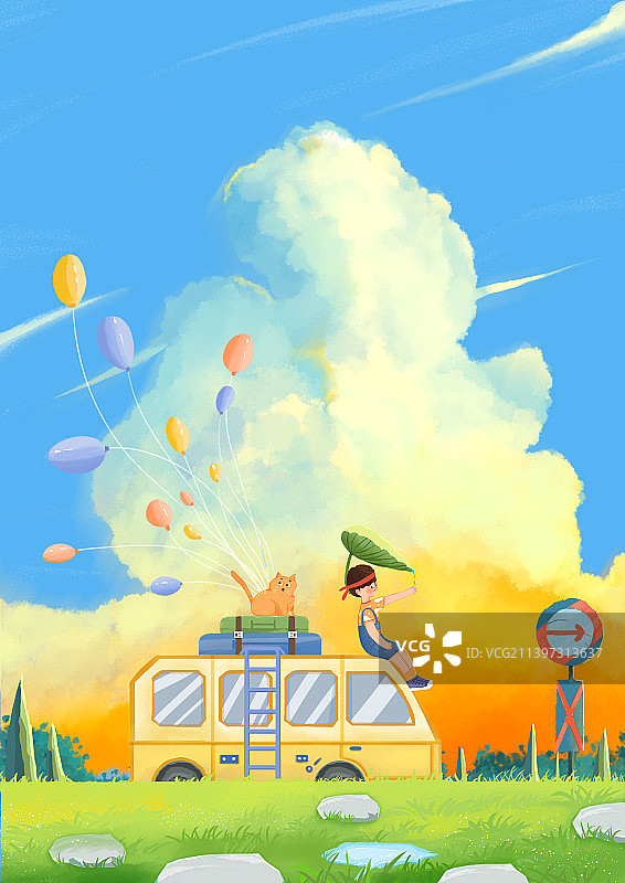 夏天的幻想系列插画-向快乐出发图片素材