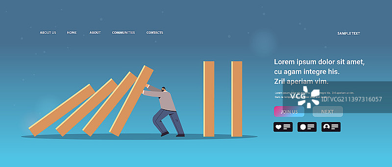 阻止多米诺骨牌效应危机的压力大的商人图片素材