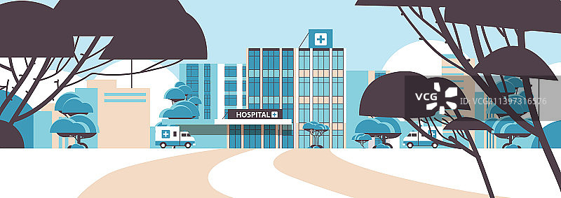 医院大楼和救护车医疗中心图片素材