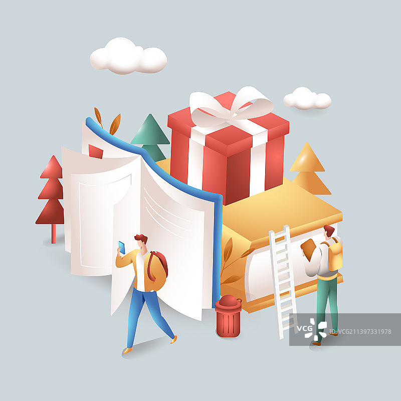 卡通2.5d等距教育学生学习新学期开学季书单读书日学校三维秋天秋季教师节出游电商促销渐变矢量插画图片素材