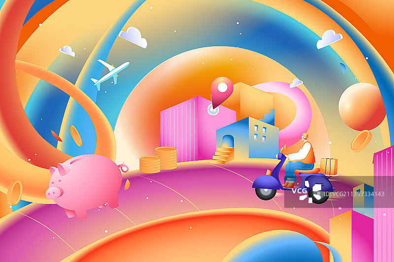 卡通3d三维青年学生秋季电商促销网购销售促销商务科技概念建筑经济消费金融理财互联网红包渐变矢量插画图片素材