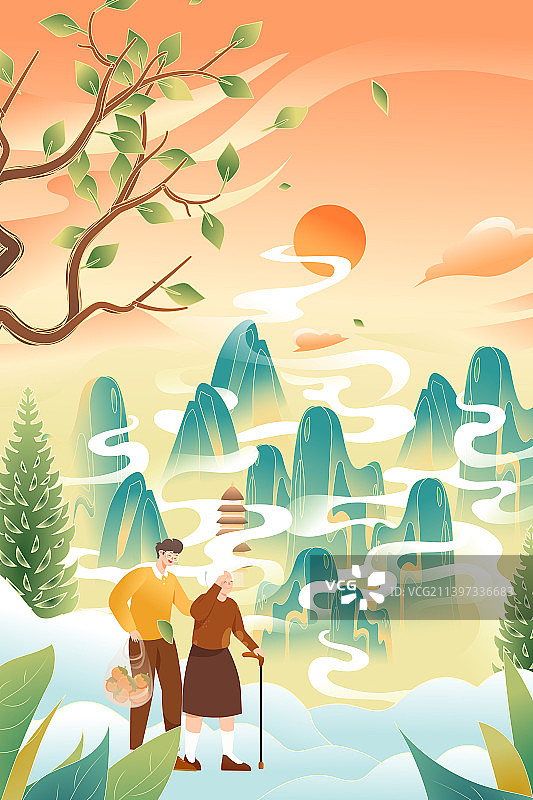 卡通亲子游踏秋季节自然风景秋分古风重阳节家人登高老人陪伴家庭郊游户外风光渐变国潮中国风矢量插画图片素材