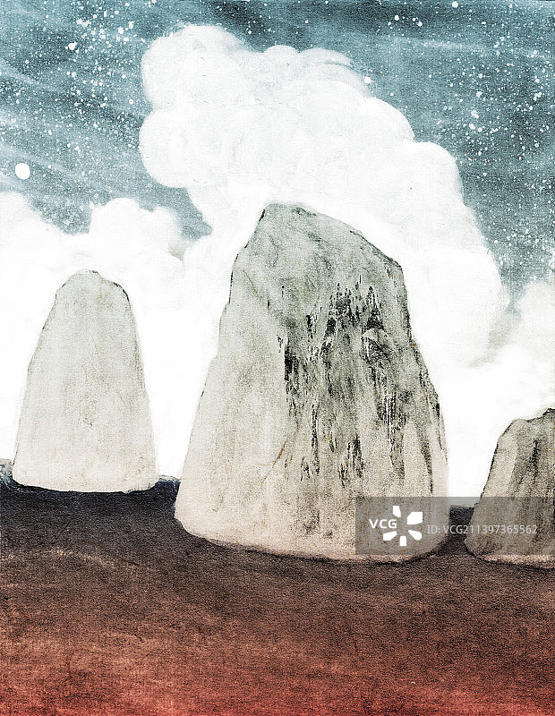 神秘风格水墨山水风景红色的河流夜空梦境插画图片素材