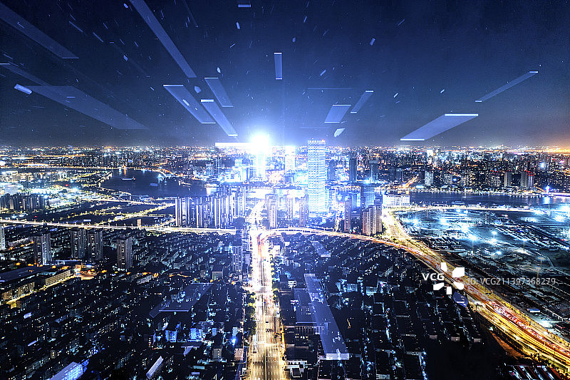 上海前滩SK大厦夜景大数据概念和科技智慧互联网城市图片素材