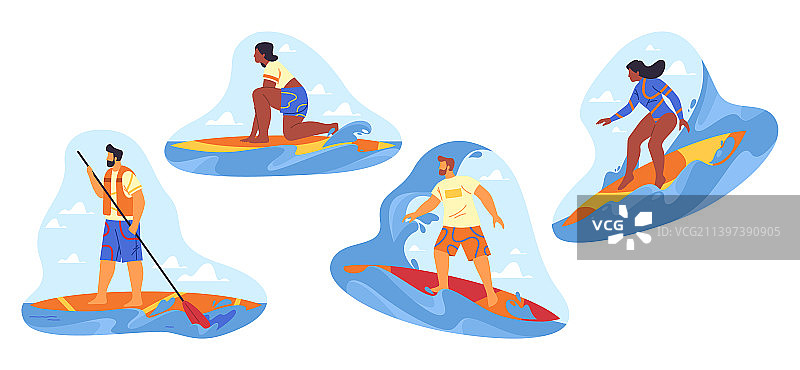 冲浪或划桨贴纸或图标套装图片素材