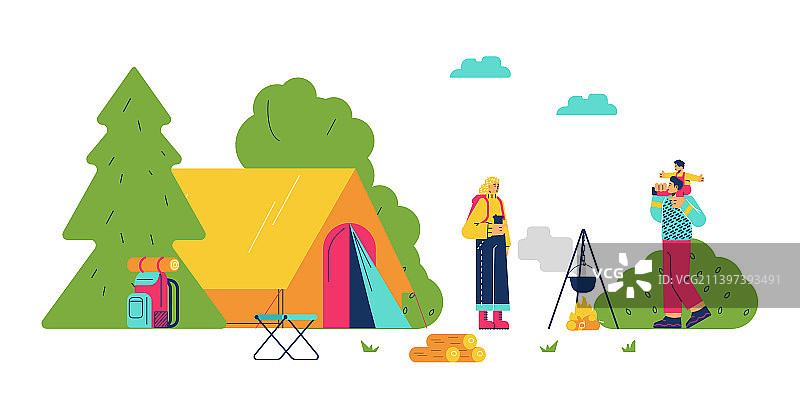 带有帐篷或大天篷的豪华露营家庭图片素材