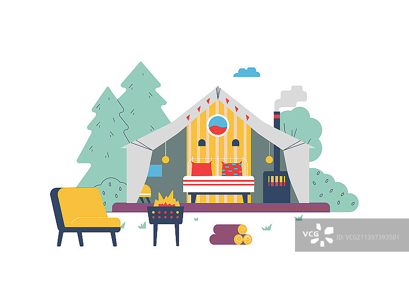 舒适的带床和壁炉的豪华露营帐篷图片素材