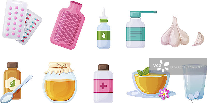 治疗感冒和流感的套装，增强健康图片素材