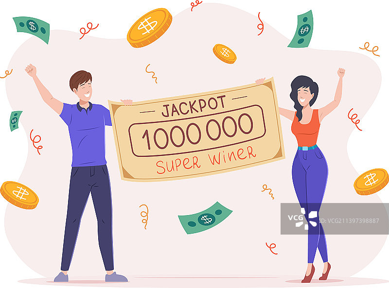 幸运夫妇庆祝中彩票赢得银行图片素材