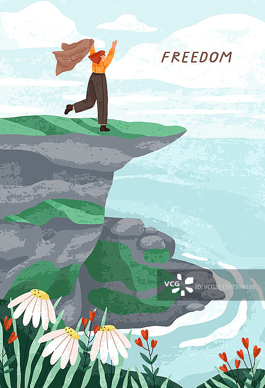 在山顶悬崖上的快乐自由女性图片素材