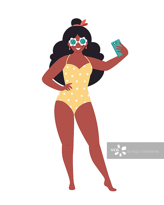 戴复古眼镜和泳衣的黑人女性图片素材