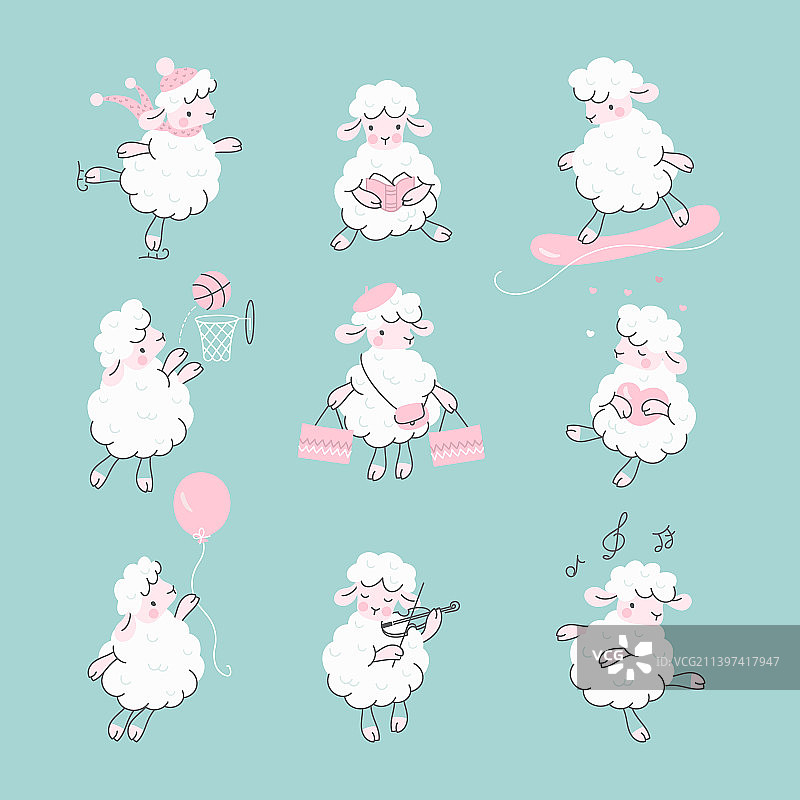 卡通绵羊羔羊趣味白色羊毛套装图片素材