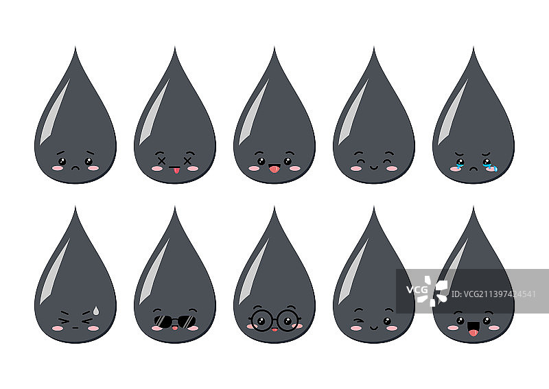 可爱的油滴卡通人物 Kawaii 石油套装图片素材