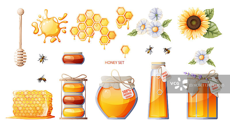 蜂蜜产品蜂蜜罐和蜂巢合集图片素材