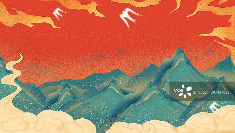 国潮风敦煌壁画中国风诗意江山风景插画图片素材