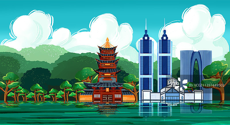 横版苏州城市建筑插画图片素材