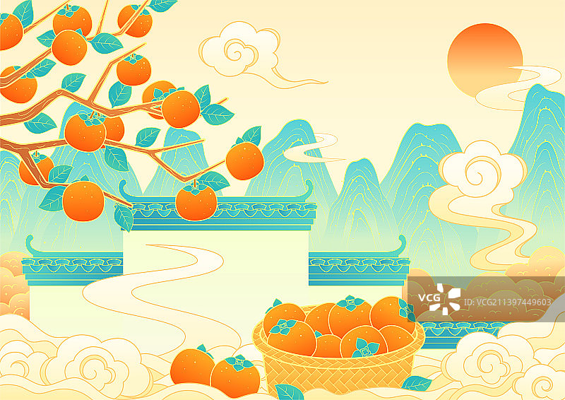 秋天霜降节气柿子水果国潮风景矢量插画图片素材