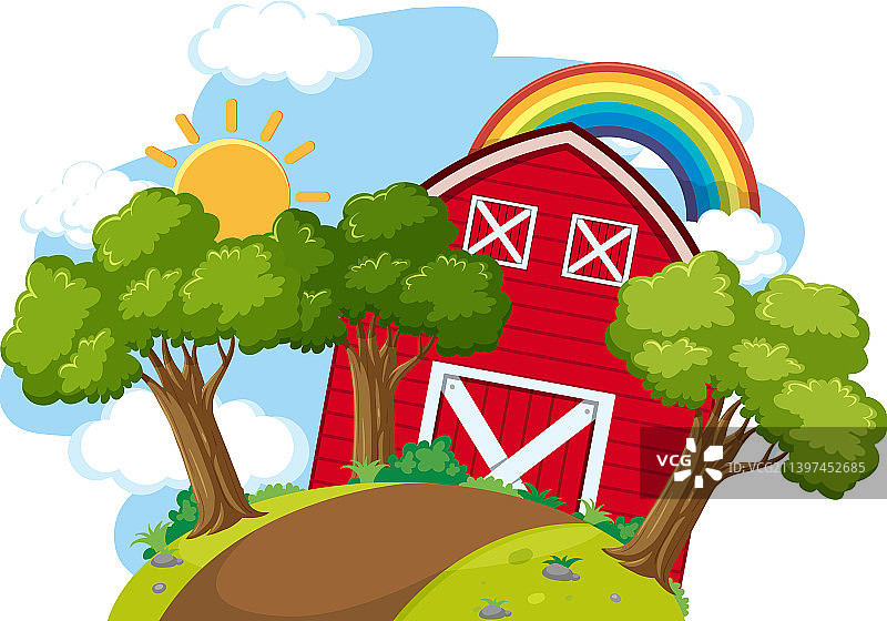 有树和彩虹的农场谷仓图片素材