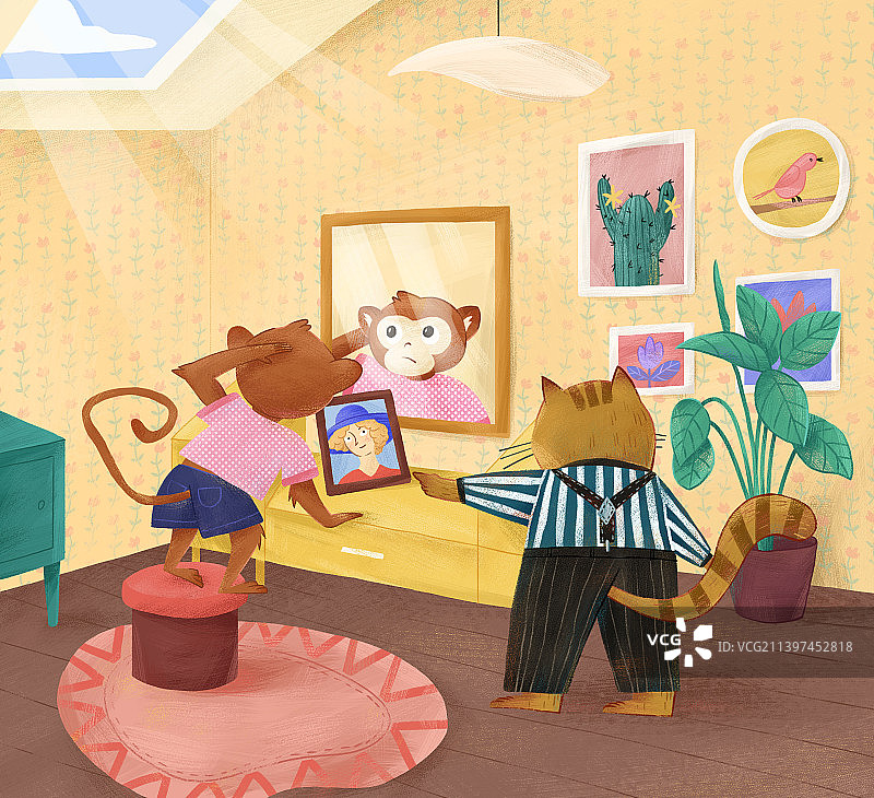 照镜子猴子猫室内场景插画图片素材