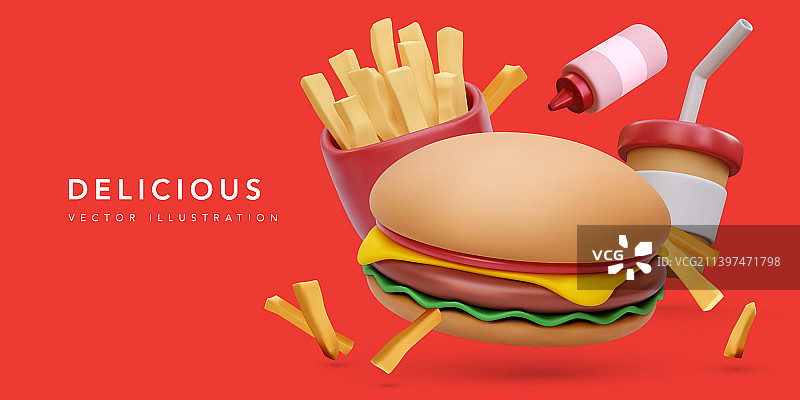 banner3D真实感渲染汉堡咖啡图片素材