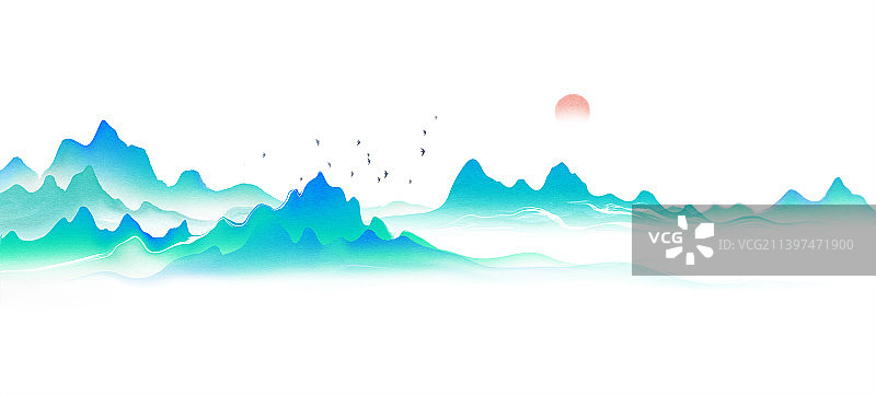 新中式风格敦煌青绿山水风景插画图片素材