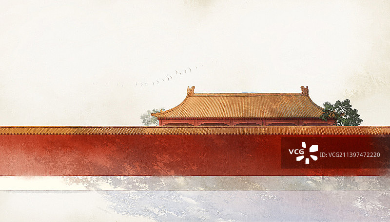 古风水彩水墨插画——故宫图片素材