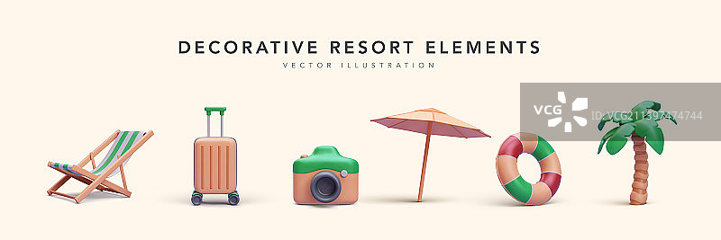 3D逼真风格的度假村元素套装图片素材