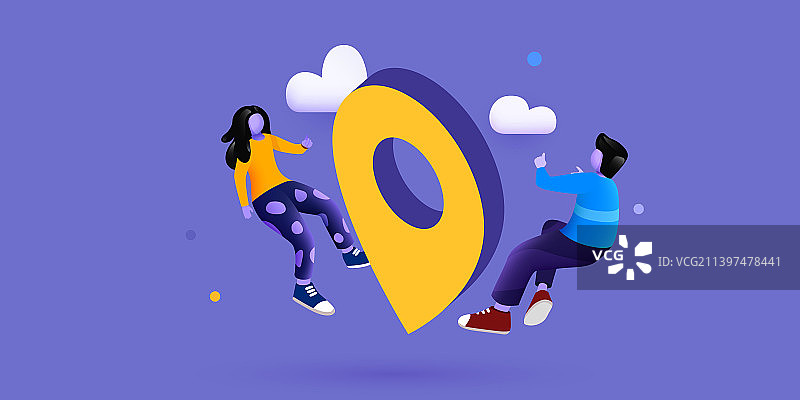 围绕着带有地图图钉的大地图飞行的小人图片素材