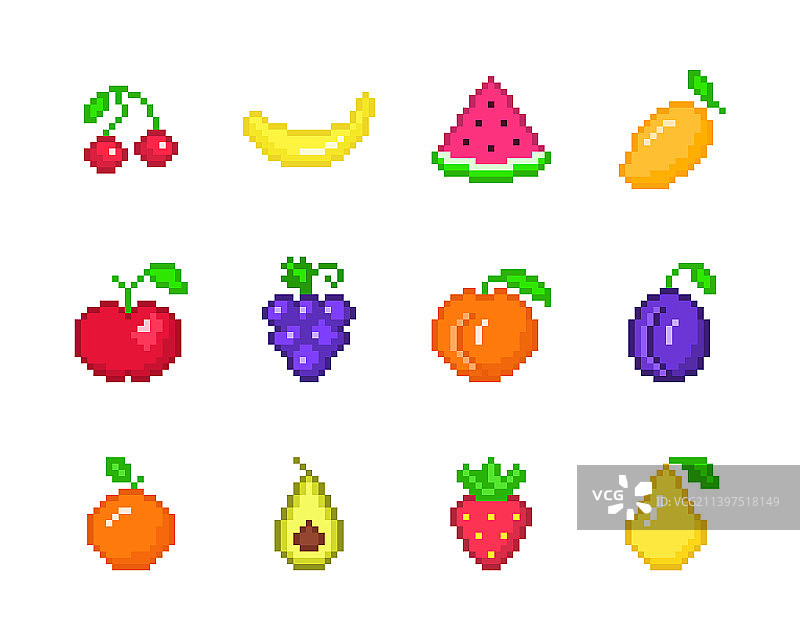 彩色像素水果套装，含简单的成熟桃子图片素材